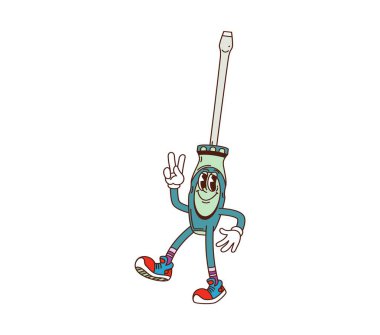 Harika bir tornavida çalışma aracı, komik yüzlü çizgi film karakteri, vektör çizgi roman emojisi. Keyifli gülümsemeli DIY tamir aracı tornavida ve eski çizgi film karakteri olarak Hi Peace jesti