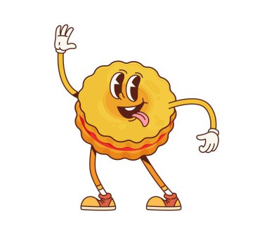 Komik kurabiyeler ve fırın karakteri. Çizgi film vektörü, neşeli bir ifadesi olan, dilini uzatan oyuncu kurabiye. Spor ayakkabı giyen, el sallayan, neşe ve enerji saçan bir hamur işi.