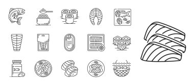 Somon balığı ve et hattı ikonları. Somon ürünlerini temsil eden vektör tabelalar tam balık, fileto, biftek, suşi ve rulo, konserve ve donmuş balık siyah ve beyaz deniz ürünleri sembolleri içerir.