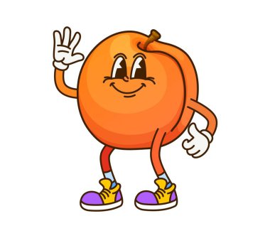 Karikatür, kutlama partisinde kayısı ve meyve karakteri. Terkedilmiş vektör olgun ve eğlenceli bir geçmişe dönük kişilik. Neşeli bir gülümsemesi ve neşeli bir Y2k havası var. Hippi ayakkabıları giymiş ve arkadaşça el sallıyor.