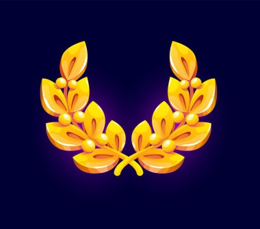 Altın defne çelengi ikonu, oyun varlığı parlak yapraklar ve böğürtlenler içerir. Çizgi film vektörü altın defne dalları zaferi ve başarıyı, fantezi oyunlarında veya uygulamalarda kullanılması için ödülleri veya kutlamaları simgeler.