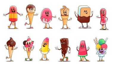 Komik sundae ve gelato çizgi filminin harika dondurma karakterleri, vektör tatlılar emojisi. Gofret külahında nefis dondurma kepçeleri ya da şapşal suratlı bisküvi kurabiyeleri, dili dışarı çıkmış çılgın karakterler.