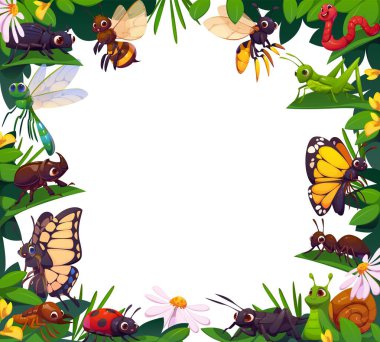 Komik karikatür böcekleri, çiçek çelenklerindeki vektör kelebekler, böcekler ve böceklerle çevrilidir. Şirin kelebek, uğur böceği, gergedan böceği ve çekirge, karınca ve salyangoz çekirgeleri çerçeve