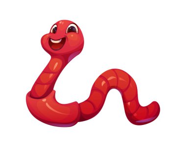 Çizgi film komik toprak böceği karakteri. Doğa böceği komik komik kişiliği. Bahçedeki kırmızı toprak solucanı çocuk izole vektör maskotu veya kawaii küçük böcek çizgi filmi mutlu karakter.