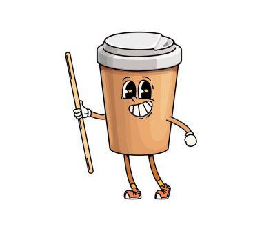 Harika bir kahve fincanı karakteri. İzole edilmiş vektör retro kahve içeceği, neşeli yüzü ve saman saçan tek kullanımlık mukavva bardak kişiliği, rahatlatıcı titreşimler yayarak sabahları eğlenceli kılıyor.