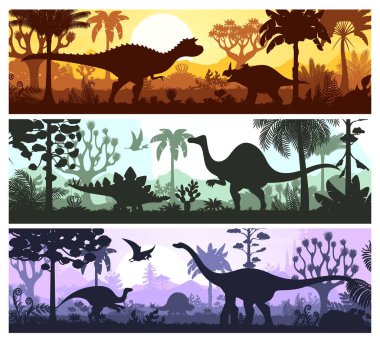 Dinozorların siluetleriyle tarih öncesi manzara. Orman, dağlar ve günbatımı gökyüzünün vektörel arka planında jurasik dinazor hayvanların oluşturduğu yatay pankartlar. Nesli tükenmiş dinozor sürüngenleri siluetleri