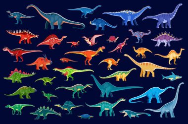 Tarih öncesi dinozorların karikatür dinazorları ve sürüngenlerle ilgili bilgileri. Vektör jurasik stegosaurus, yırtıcı, brontozor ve pteranodon, suchomimus ve shansisuchus dinazorları bilgileri