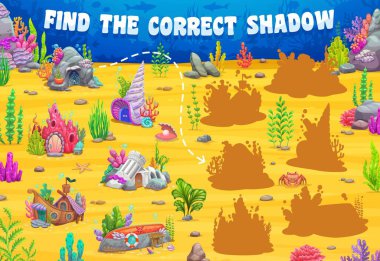 Çocukların çalışma çizelgesi, su altı binalarının doğru gölgesini bul. resim gölge bulma oyunu, şekil vektör sınavı veya deniz kabuğu, batık tekne ve kale evleri ile bulmaca karşılaştırma