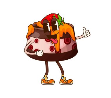 Çizgi film keki komik pastane ve pasta karakteri. Vector bisküvisi tatlı retro yemek kişiliği üzerinde olgun bir çilek ve karamel kaplama, neşe ve neşe hissi yayıyor