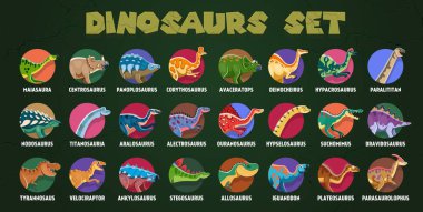 Prehistoric dinosaurs vector infographics, cartoon jurassic dino characters. Vector diagram with cute tyrannosaurus, velociraptor, stegosaurus and iguanodon dinosaurs, Earth evolution and paleontology clipart