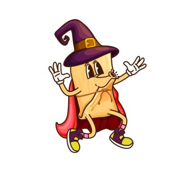 Cadılar Bayramı cadısı ya da büyücü karakter olarak Meksika Tamale 'si, Tex Meksika yemeği vektörü. Neşeli yüzlü ve komik gülüşlü harika Quesadilla Cadılar Bayramı için büyücü ya da büyücü mantosu.