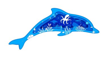 Kağıt kesikli yunus silueti sualtı manzarası ve deniz hayvanları. 3D vektör çerçeve, sakin deniz ve su bitkisi, mercan ve mavi su derinliğindeki balıklara sahip eğlenceli bir okyanus hayvanı şeklinde.