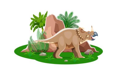 Centrosaurus tarih öncesi dinozor karakteri yeşil yaprakları ve kayaları olan bir manzaranın ortasında. Ayırt edilmiş karikatür vektör dino kendine özgü boynuzları ve fırfırlarıyla antik çevrede duruyor.