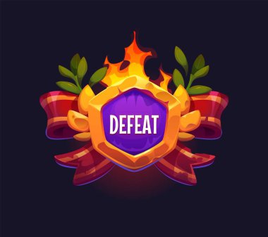 Başarısızlık veya seviye tamamlanmadığı için oyun simgesini ya da rozetini yok et, vektör GUI ögesi. Çizgi film solmuş defne çelengi ile yenilgiye uğratma pankartı ve atari oyunu açılır pencereli UI arayüzü için kirli kurdele içinde kırık taş