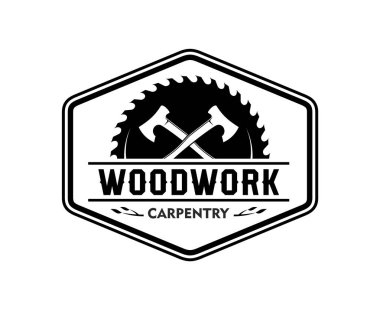 Çapraz balta ve testere bıçaklı marangozluk ikonu. Marangozluk, marangozluk, marangozluk, marangozluk şirketleri markalaşma ve zanaat geleneği veya sanayi için taşıyıcı siyah-beyaz amblemi