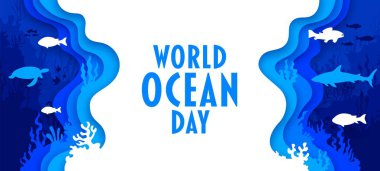 Kağıt, sualtı manzarası, deniz hayvanları ve balık vektör siluetleri ile Dünya Okyanus Günü pankartı kesti. 3 boyutlu kağıt su dalgalarını, köpekbalıklarını, deniz kaplumbağalarını ve yosunları keser. Dünya Okyanus Günü ekoloji kavramı