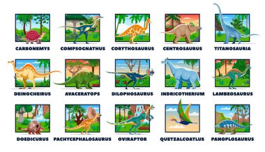 Tarih öncesi dinozorlar, kuşlar ve sürüngenler, soyu tükenmiş hayvan karakterleri. Doğanın arka planındaki Jurasik dinazorlar. Şirin dilophosaurus, titanosauria ve corythosaurus dinozorları.