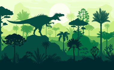 Tropikal ormanlarda dinozor silueti. Antik, Jurasik çağda kükreyen yırtıcı sürüngen gölgesinin tarih öncesi günbatımında vektör. Akşamları ormandaki görkemli yaratık yeşil yağmur ormanları