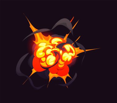 Bomba patlaması bulutu, çizgi roman ateşi ve duman, çizgi film patlama etkisi. Heyecan verici, yoğun, tehlikeli ve çarpıcı bir etki. Parlak patlayıcı alevler, dalgalanan karanlık duman ve kıvılcımlar