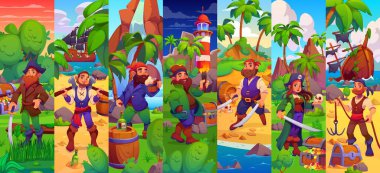 Karikatür korsan karakterleri kolajında kılıçlı, hazine sandıklı, rom fıçılı, tropikal zemin, gemi enkazı, deniz feneri ve palmiye ağaçlı maceraperest korsanlar yer alıyor.