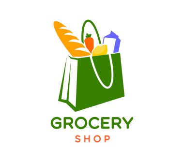 Market amblemi, gıda pazarı ve süpermarket, vektör ikonu. İçinde ekmek, süt paketi, meyve ya da sebze ürünleri olan alışveriş torbası silueti olan bir market tabelası.
