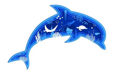 Yunus kağıdı sualtı manzarasıyla silueti kesiyor. 3D vektör çerçevesi, sakin ve huzurlu deniz manzaralı neşeli bir okyanus hayvanı şeklindedir. Mavi su derinliğindeki balıklar ve su bitkileriyle doludur.