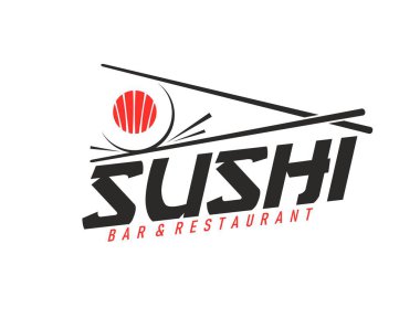 Japon somon balığı restoranı ikonu. İçinde yemek çubukları ve suşi rulosu var. Geleneksel Japon mutfağı, güzel yemekler, markalı suşi barları ve Asya gıda işletmeleri için siyah ve kırmızı simge.