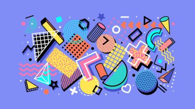 Soyut Memphis arka plan şekilleri, 80 'lerin hippi deseni geometrik renkli şekiller ve modern elementler. Gerçeküstü figürler, doğrusal detaylar, noktalar, üçgenler ve dalgalarla vektör modayı süslemesi