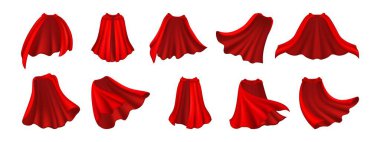 Kırmızı karnaval pelerini, süper kahraman pelerini ve sihirli kahraman pelerini. Kırmızı çizgi film koruyucu kumaş, kumaş ya da kostüm vektör seti arkasında dalgalanan güç, kahramanlık, gizem, cesaret ve macera.