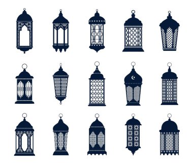 Arap İslam feneri Ramazan ya da bayram mübarek lamba siluetleri. İzole vektör fanatik lambaları, bayram sevincinin ve kutlamanın sembolü, evler ve sokakları aydınlatma şenlikli bir ortam ekler.
