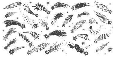 Yıldız patlaması kayan yıldızlar, düşen meteorlar ve kuyruk siluetleri olan kuyruklu yıldızlar. Kara vektörler kozmik düşen asteroitlerin izlerini, ışık çizgilerini, uzayda sihirli enerjiyi karalar.