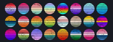 Synthwave vapor retro color gradient. Vector circular palette swatches featuring vibrant colors, horizontal stripes and distressed textures for creating vintage, retrowave, digital nostalgic art clipart