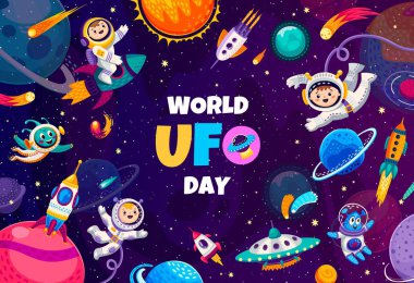Dünya UFO bayrağı, çizgi film uçan daire ve uzaydaki uzaylı karakterler. Çocuk astronotlarla, roketlerle ve dünya dışı varlıklarla dolu vektör tebrik kartı, galakside bilinmeyen harikaları keşfetmek.