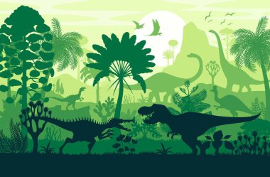 Ormandaki dinazor siluetleri, ağaçlar arasında iki dinozor dövüşü. Yırtıcı sürüngen hayvanların gölgelerinin savaştığı tarih öncesi sahne ve Jurassic BackdropV 'a karşı uçan Pterozor' lar
