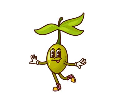 Fitness spor eğitiminde nefis zeytinli sebze karakteri, vektör komik kişiliği. Muhteşem yeşil zeytin retro çizgi film karakteri komik yüzü ve dili dışarıda spor ayakkabılarıyla spor antrenmanında gülümsüyor.