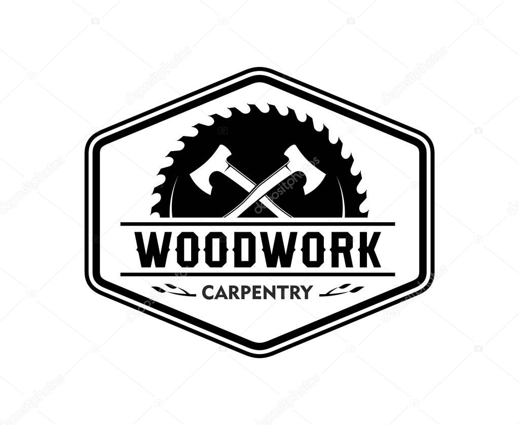 Carpentry woodwork icon with crossed axes and saw blade. Vector black and white emblem for woodworking business, carpenter service, woodcraft companies branding and craftsmanship tradition or industry
