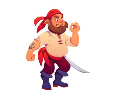 Karikatür korsanı ya da korsan denizci ya da kılıç kılıçlı kaptan karakter, vektör kişiliği. Karayipli korsan ya da kızgın kayıkçı adam ve Bandana 'da altın küpeli korsan karakteri