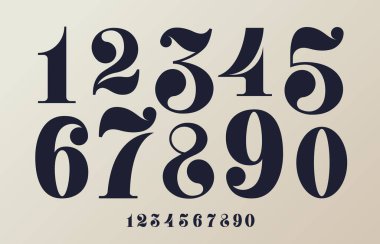 0 'dan 9' a kadar olan klasik dekoratif yazı tipi. Zarif ve karmaşık stile sahip siyah vektör rakamları, eğri biçiminde dekoratif detaylar içerir. Viktorya dönemi, klasik, klasik basamaklar, kraliyet tipografik numaraları.