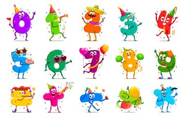 Doğum günü kutlaması, çizgi film matematik numaraları ve rakamları karakterler konfeti ve parti şapkalarıyla neşeli bir şenliğin tadını çıkarıyorlar. Eğlence, öğrenme ve çocuk eğitimi için vektör sayıları