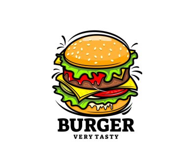 Fast food çizburger ikonu, iştah açıcı hamburger içeren vektör yemek marul, domates, peynir ve sığır etli börek, üstüne de susamlı çörek. Vektör trend restoran amblemi