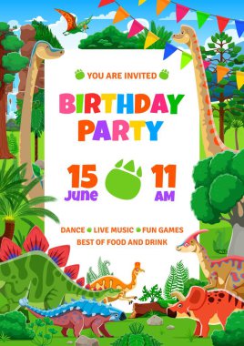 Birthday party flyer with funny dinosaurs. Vector kids party invite with dino reptile animals in jungle forest with festive pennant garland. Invitation template with cartoon reptiles in lush landscape clipart