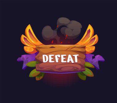 Yenilgi oyun ikonu ya da rozeti, kanatlı tahta, siyah duman, engebeli kurdele ve kurumuş yapraklı gui son etiket. Vektör düzeyi pankartı, ortaçağ video oyunu ekranı. Savaş işaretini kaybet
