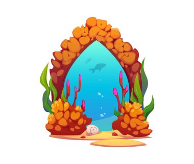 Su altı portalı ya da kapı kapı dolaşan sihirli taş, vektör oyun elementi. Deniz altı dünyasına açılan çizgi film geçidi kaya mağarasında kayalık kemer, deniz veya okyanus suyunda balık ve mercan resifi yosunları var.