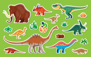 Dinozor karakterleri çıkartmaları ve Jura çağı ve buz çağının tarih öncesi kertenkeleleri, vektör simgeleri. Çocuklar, komik dinozorlar mamut koleksiyonu ve yumurtadan çıkan sevimli dinozor yavrusu.