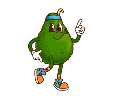 Komik yüzlü, ıslık çalan, vektör komik kişilikli Avokado çizgi film karakteri. Retro çizgi film süper avokado karakteri, hippi saç bandı ve güzel titreşimli mutlu ıslık melodisi.