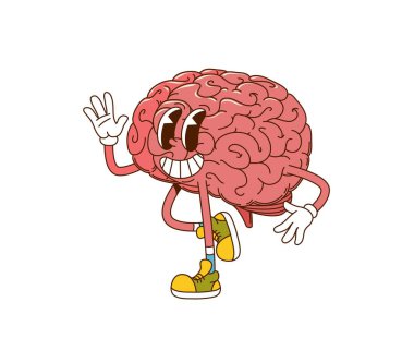 Çizgi film süper insan beyni mutlu gülümseyen karakter. Fizyoloji ve biyoloji klasikleşmiş harika vektör neşeli kişilik, insan vücudu sağlık hizmeti tatlı beyin karakteri. Zeka ve bilgi maskotu