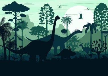 Tarih öncesi dinozor siluetleri olan tropik bir orman. Jurasik orman günbatımı arka plan orman eğreltiotu ağaçları, soyu tükenmiş dinozorlar sürüngen hayvanlar, dağlar siluetleri