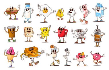 Sabah içecekleri, yemekler ve tatlılardan oluşan harika kahvaltı karakterleri. Çizgi film hippi kahve fincanları, tost, pastırma ve yumurta. Çay fincanı, kek, kek, süt bardağı, şişe ve kutu gibi şahsiyetler.