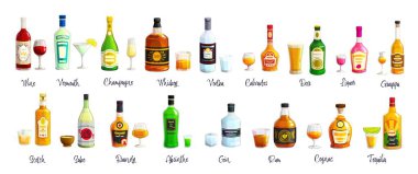 Çizgi film alkol şişeleri, içki ve şarap içecekleri, bardaklı alkollü vektör içecekler. Votka, viski, rom ve bira, şampanya, tekila, cin ve absent şişeleri ve kokteyl bardakları, buz ve limon.