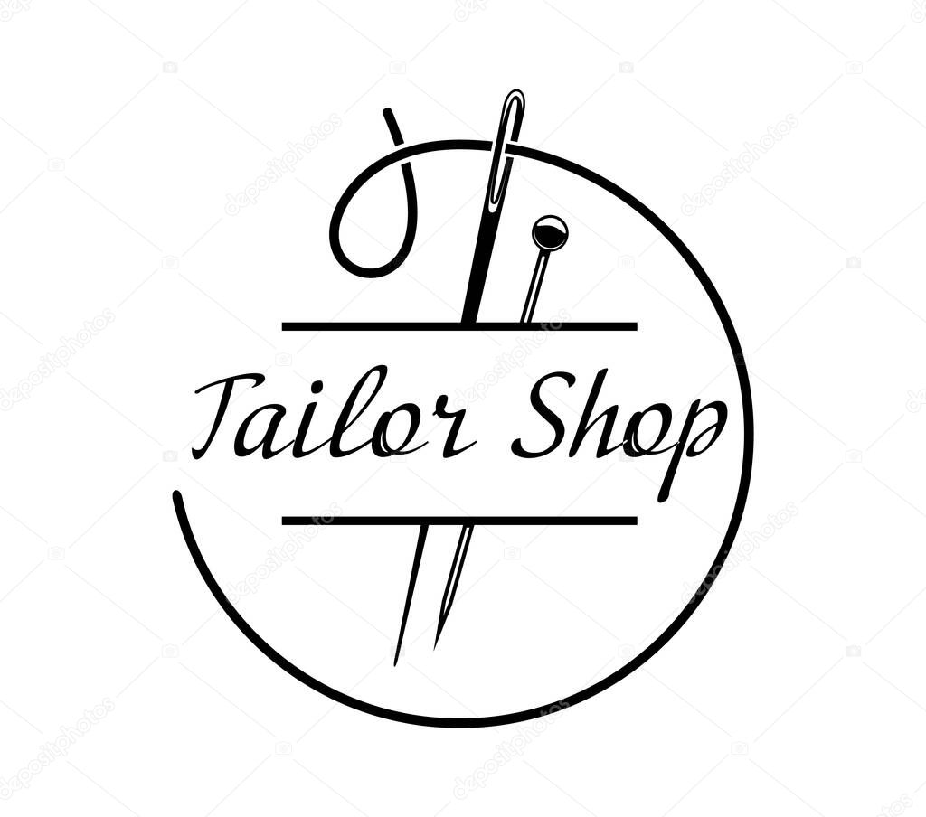 Tailor shop, embroidery and stitch icon, vector monochrome emblem for sewing atelier, textile tailoring and needlework craft. Isolated label with needle, pin and thread for handmade clothes shop